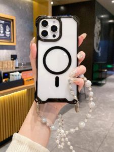 Original Magnetic Wireless Charging Phone Case for  16Pro Max with Pearl Butterfly Knot Bracelet Protective Cover Shell