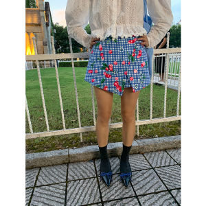 Blue Plaid Floral Half Skirt Womens Design Sensation Small Audience Mini Skirt Short Skirt Korean Style Commute Print Polyester A-Line Skirt