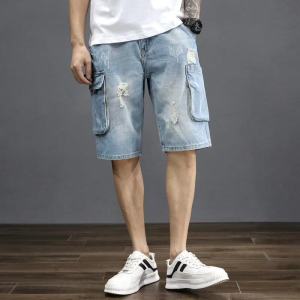 IELGY Denim Shorts Mens Summer Thin Workwear Multi-Pocket All-Match Casual