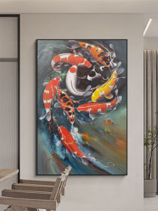 Hand-Painted Nine Fishes Diagram Oil Painting New Chinese Style Yearly Abundance Carp Texture Wall Hanging Art Living Room Decor