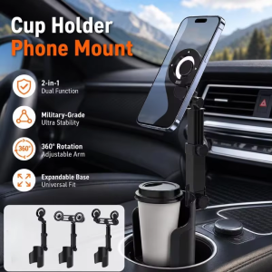2-in-1 Car Cup Holder Phone Mount Dual Magnetic Adjustable Long Arm Universal Drink Stand for Cell Phones