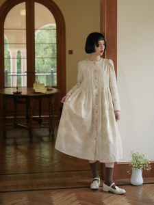 French Vintage Long Tea Break Dress Womens Spring Autumn Linen Cotton Embroidery A-Line Skirt High Waist Button Detail Dress