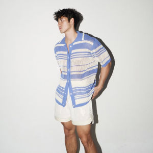 NLONKE Striped Hollow-out Polo Shirt Loose Short Sleeved Cardigan Casual Turn-down Collar Knitwear Men