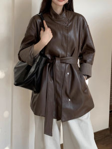 XUECAIQI | Stand Collar Slim Leather Jacket