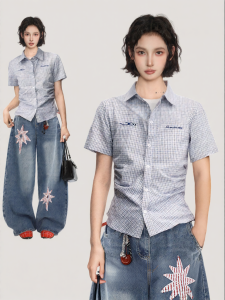 BAIDAIFEI | Polo Collar Check Short Sleeve Slim Fit Waist Cinching Summer Shirt