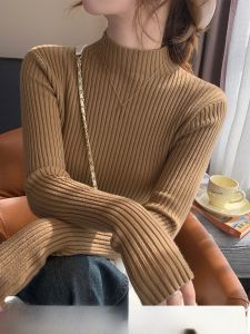 Womens Thickened Half-High Collar Knitted Sweater Autumn Winter Inner Wear Slimming Top Quality Fabric Long Sleeve Solid Color