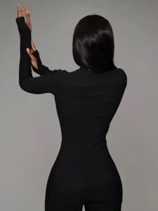 ชุดเดรสแขนยาวสีดำมีซิปยืดหยุ่น เอวสูง ทรงสลิมฟิต กระโปรงทรงเอ ผ้าโพลีเอสเตอร์ แฟชั่นฤดูใบไม้ร่วง