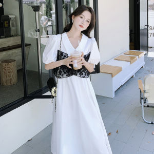 Elegant White Butterfly Knot Long Dress Womens Fashion Sensation Atmosphere Summer New Style Gentle Korean Version Bubble Sleeve A-Line Dress
