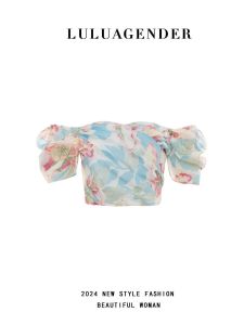 French Romantic Print Shirt Womens Sweet Short Shoulder Chiffon Top LuLu Style Summer Fashion Casual Stylish Inner Wear