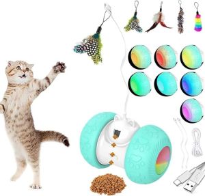 ATUBAN Automatic Cat Toys Interactive Cat Feather Toys Feeding function360 Degree Rotating Toys with 4 Feathers for Indoor Cat