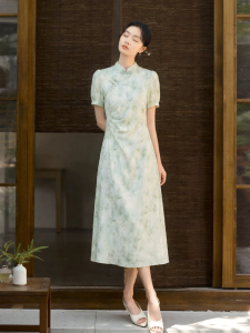 XIANGYING | Chinese Style Renovated Cheongsam Qipao Green Dyeing Small Collar Dress