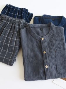 Mens Large Size round Neck Long Sleeve Sleepwear Cotton Double Layer Gauze Thin Home Clothes Set Spring Autumn Home Comfortable