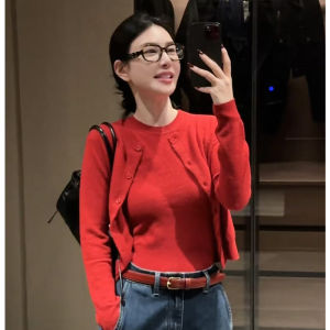 Red Knitted Sweater Coat Womens Spring Autumn High Sensation Outerwear Small Size with Strap Two Piece Set Top Quality Fashion