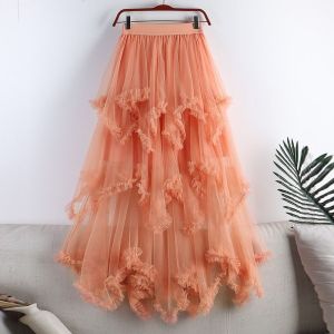 Princess Style Half Skirt Cake Design Tulle Midi Skirt Asymmetrical High Waist Large Flounce Fairy Skirt Long Skirt 1279