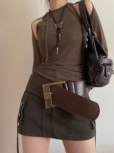 เข็มขัดหนังสีน้ำตาลสไตล์ย้อนยุคสำหรับผู้หญิง เข็มขัดหนังแบบกว้างสำหรับใส่กับเสื้อสูทและกระโปรง เข็มขัดแฟชั่นสำหรับผู้หญิง