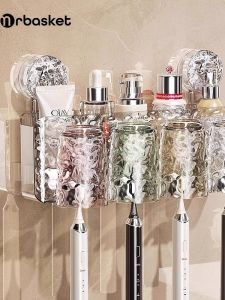 ตู้เก็บของสำหรับแปรงสีฟันแบบติดผนัง ไม่ต้องเจาะ สำหรับห้องน้ำ ชั้นวางของสำหรับแก้วน้ำยาล้างปาก อุปกรณ์สำหรับแปรงสีฟันไฟฟ้า