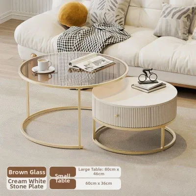 AYIJIE | Space-Saving Extendable Parent-Child Combination Cream Style Glass Rock Coffee Table