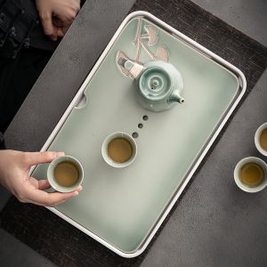 จานชงชาเซรามิกขนาดเล็ก ทรงสี่เหลี่ยม ชั้นวางของสำหรับชงชาแบบแห้ง จานรองชงชาแบบระบายน้ำ ชุดเครื่องมือชงชา