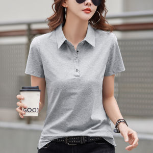 Summer Loose Fit Cotton Polo Shirt Womens Large Size T-Shirt Casual Short Sleeve Classic Style Korean Version Button Detail
