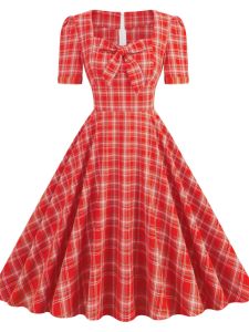 French Vintage Style Morning Gown Waist Cinched Square Collar Plaid Butterfly Knot Slimming Full Skirt Short Sleeve Dress