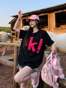3MER Summer Casual Loose Womens T-shirt Short Sleeve OK Letter Print Cotton Creative Commute Korean Style round Neck Top