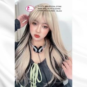 Ryuuta Wig Basic Cap Panjang Lolita Ulzzang 2 Tone Milk Blonde Black
