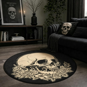 VIKAMA Gothic Skull Round Rug Non-slip Washable Interior Area Rug Bedroom Living Room Floor Mat Home Decoration