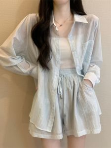 plus Size Summer Fashion Design Sun Protection Shirt Casual Shorts Two Piece Set for Plump Women Polo Collar Button up Polyester Fiber