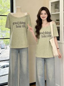 V.C.I | Retro Layered Design Off Shoulder T-Shirt Green
