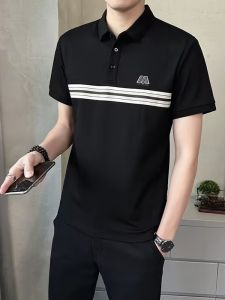 Áo Thun Polo Nam Cổ Polo Cao Tay Ngắn Mùa Hè Mới Ice Silk Mát Mẻ Nửa Tay Sọc Cotton Polyester Áo Thun Nam Thời Trang