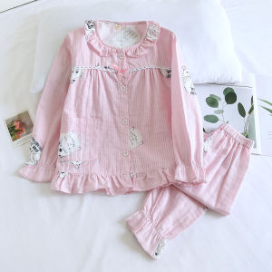 Japanese Style Cherry Print Cotton Pajamas Thin Long Sleeve Home Clothes for Girls Spring Summer Autumn Breathable Soft Cotton