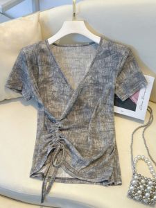 Summer Short Sleeve T-Shirt Womens plus Size V-Neck Drawstring Asymmetrical Design Slimming Sweet And Spicy Mini Top