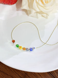 Colorful Glass Flower Beads Necklace Womens Style Lightweight Luxury Collarbone Chain High-End Feeling Sweet Cool Jewelry