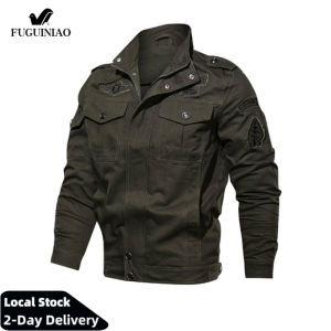 Fuguiniao High Quality Men Slim Military Jacket Washed Cotton Stand Collar Blazer Coat Winter Windproof Outerwear Casual Overcoat Tops