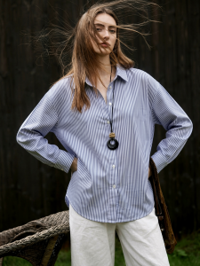 Basic House | Blue Striped Long Sleeve Loose Fit Slimming Blouse For Autumn Commuting