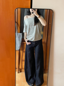 กางเกงยีนส์ทรงหลวมเอวสูงสไตล์อเมริกันสำหรับผู้หญิง กางเกงขายาวทรงขากว้าง ทรงหลวม ทรงเข้ารูป ทรงยาว ทรงลำลอง