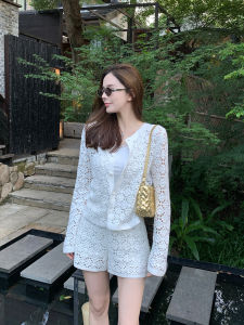 Junjun Hollow out Knitted Jacket Straight Short Pants Vest Three Piece Set Summer Casual Style round Neck Button up Cotton Blend