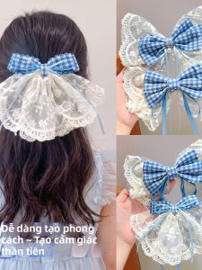 Lolita Princess Style Blue and White Gingham Ribbon Bow Hair Clip