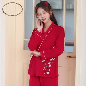 Pure Cotton Chinese Style Hanfu Sleepwear Womens Long Sleeve Robe Home Clothes V-Neck Button-Up Floral Embroidery Casual Comfortable