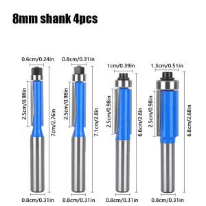 4PCS 8mm Shank Flush Trim Router Bit with Bearing for Wood Template Pattern Bit Tungsten Carbide Milling Cutter for Wood