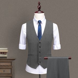 ROMON | Lormen Mens Business Casual V-neck Single-button Pure Color Polyester-cotton Wedding Groomsmen Workwear Vest Spring
