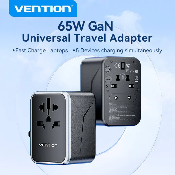 Vention 65W International Travel Adaptor Universal Travel Plug Adapter GaN Type C 2 pin 3 pin Converter Fast Charge for iPhone 16 15 14 Pro Max Samsung AU US