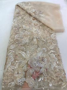 2026 Nigerian Sequins Tulle Heavy Beaded Lace Fabric 3D Wedding Material High Quality 5 Yards African Style