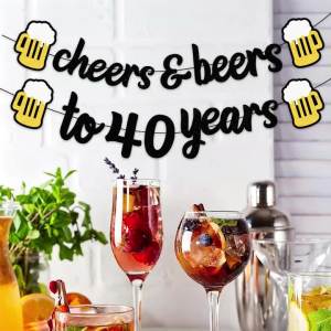 Black Gold Glitter Cheers Beers to 40 Years Banner 40th Birthday Beer Mug for Party Supplies Birthday Decor