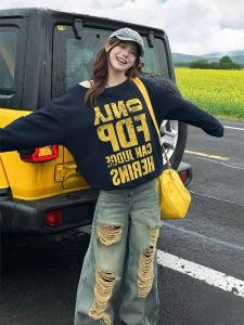 Áo Nỉ in Chữ Cổ Điển Mỹ Cho Nữ Mùa Thu Rộng Rãi Dáng Rộng Phong Cách Lười Biếng Đa Năng Gợi Cảm Dài Tay Áo Khoác Ngoài