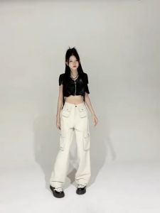 Cargo Denim Pasir Putih Highwaist Loose Celana Jeans Wanita Korea (realpict)