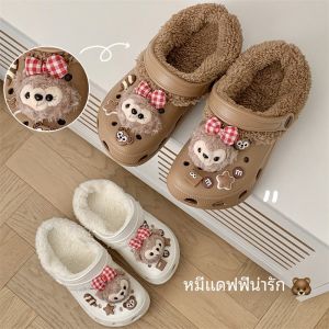 ฝาครอบถอดได้ ผ้าฝ้าย รองเท้าแตะด้านล่างหนา ผ้าขนแกะ เรียงราย ฤดูใบไม้ร่วง ฤดูหนาว น่ารัก EVA Outdoor Wearable Slip On Anti Slip อุ่น Double Use Clog Shoes For Women