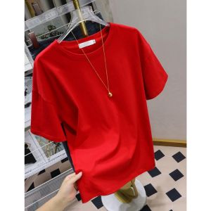 SUSHOUWANGE | Red Short Sleeve Pure Cotton Oversized Round Collar T-Shirt