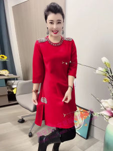 Luxurious Embroidered Loose Fit round Neck Casual Dress Side Slit Slimming Style Fashionable Mid-Length Commute Wear