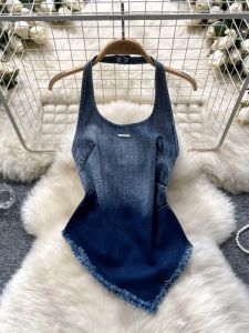 Áo Vest Denim Không Đều Cho Nữ Mùa Hè 2024 Gợi Cảm Ngọt Ngào Và Cay Nồng Xếp Ly Eo Thắt Chặt Màu Chuyển Đổi Không Đều